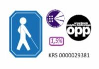 zdjęcie logo Polskiego Związku Niewidomych - biały ludzik z laską na niebieskim tle,; 1,5% numer KRS
