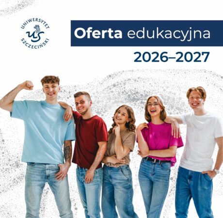 Pierwsza strona broszury - oferta edukacyjna 2026-2027 - zdjęcie piątki studentów na białoszarym tle