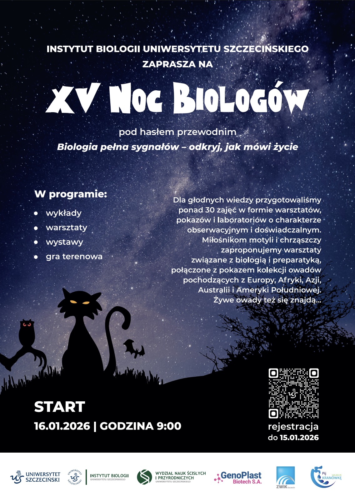 Plakat zaproszenie na XV Noc Biologów, w lte gwieździsta noc z kotem, sową i nietoperzem